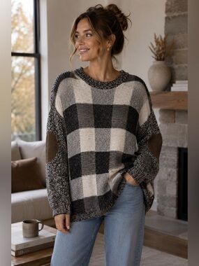 BDG Monochrome Plaid Sweater with Brown Elbow Accents Size S Classic Cozy Fall
